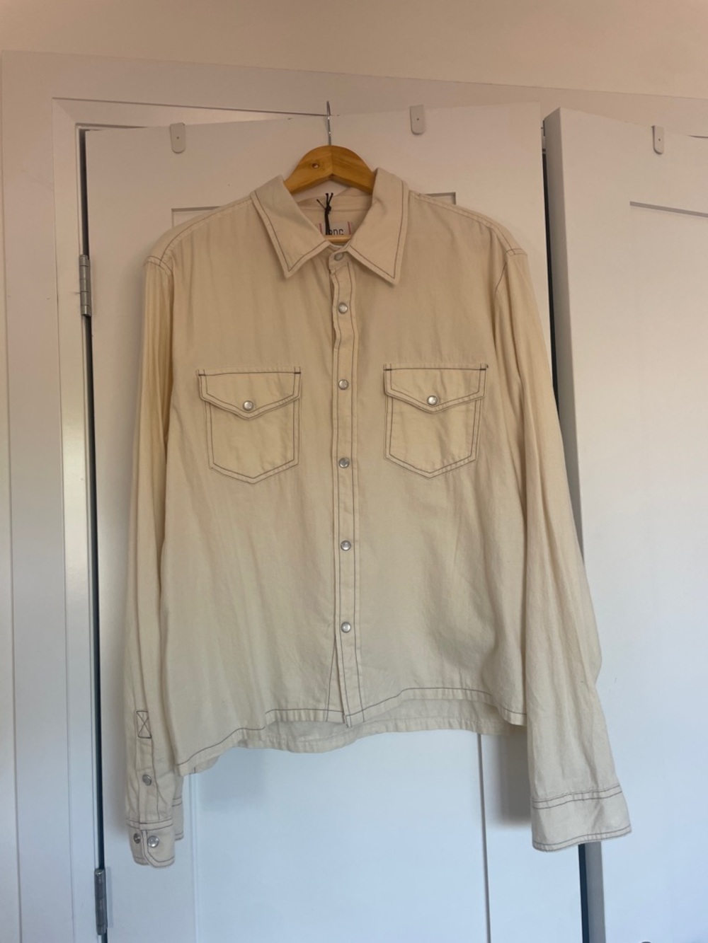 BDG Off-White Snap Front Shirt with Contrast Stitching